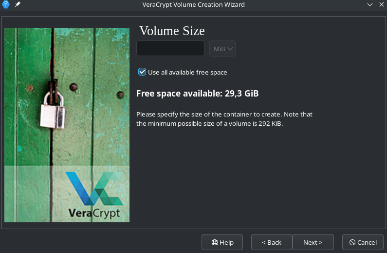 VeraCrypt view: select Volume Size