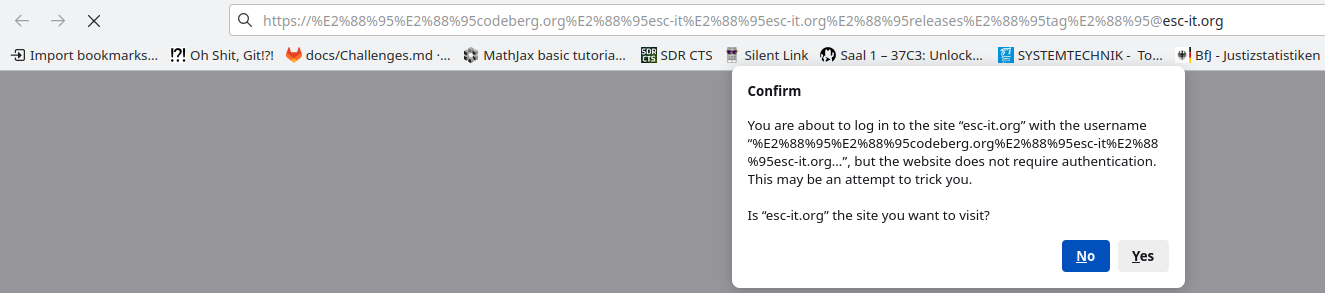 A pop-up in Firefox warns that we are about to log in to a website that does not require login. This could be an attempt to deceive us. Please confirm whether “esc-it.org” is the page you want to visit.