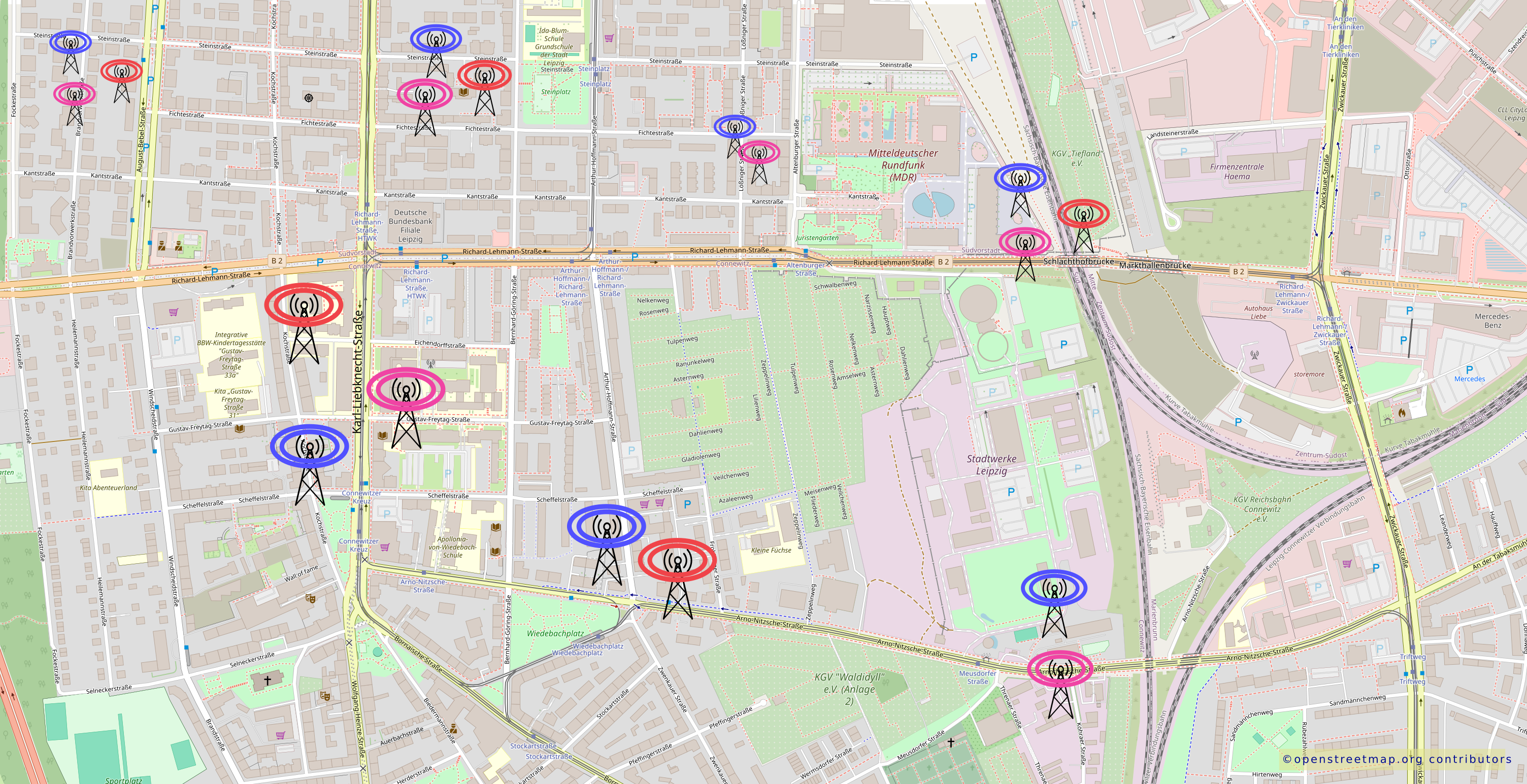 Map symbolically showing how cell phone towers are distributed in a city
