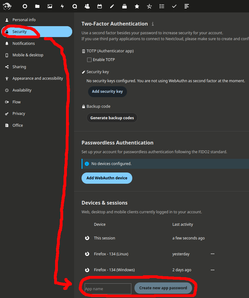 paramètres de sécurité Nextcloud