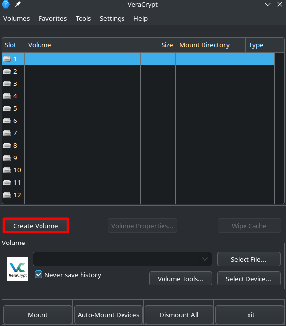Capture d’écran de VeraCrypt nouvellement ouvert