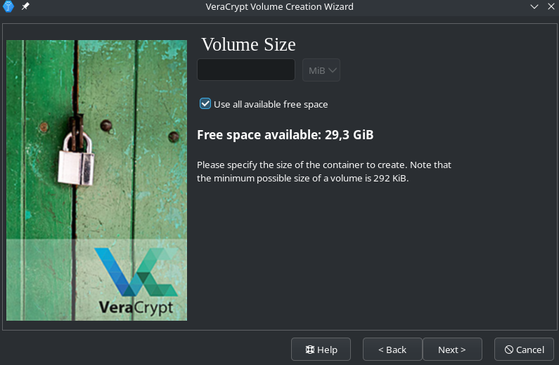 Vue VeraCrypt : sélectionner Taille du Volume