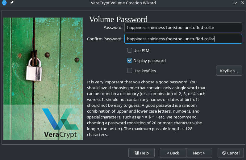 Vue VeraCrypt : définir le mot de passe