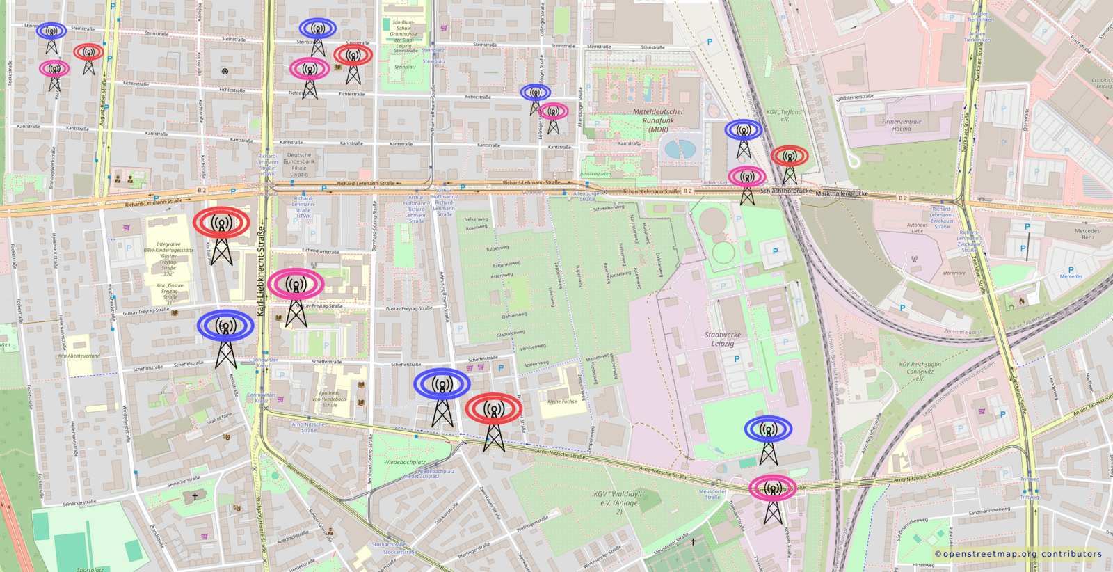 Carte montrant symboliquement la répartition des antennes-relais dans une ville